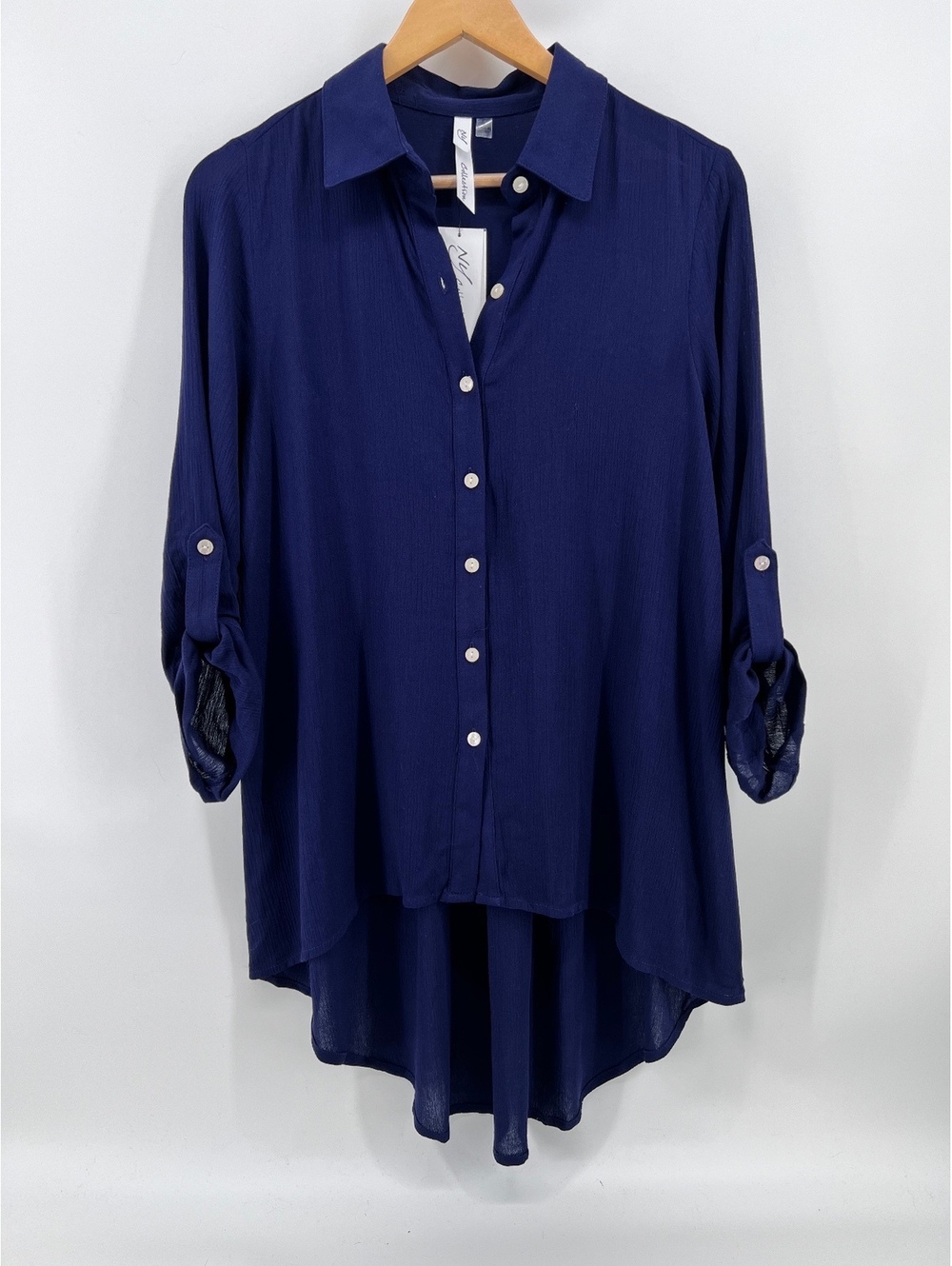 NWT NY Collection Womens S Navy Blue Roll Tab Sleeve High Low Tunic Top Shirt